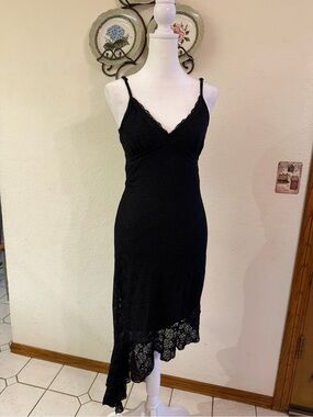 Black Lace Asymmetric Slip Dress - Women's